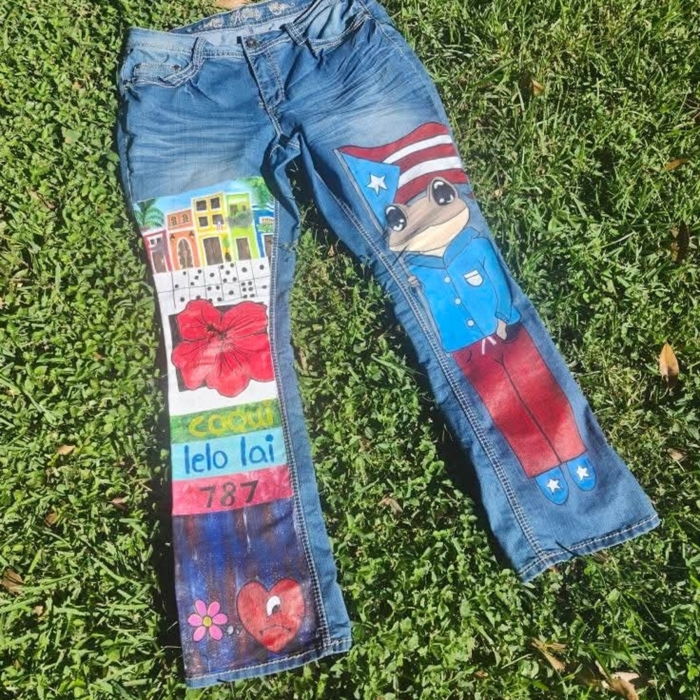 Colorful Hand-Painted Jeans with Frog Design